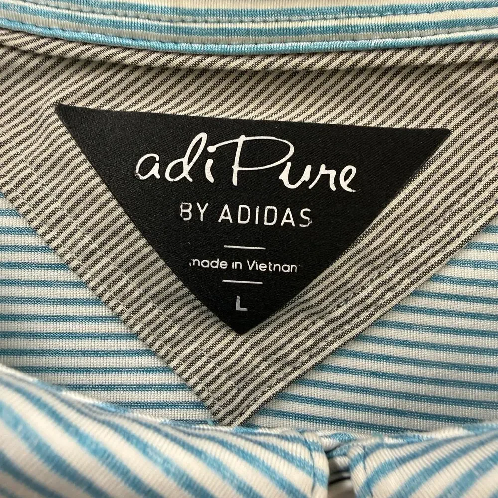 adiPure by Adidas Mens L Blue White Stripe Button Down Collar Golf Polo